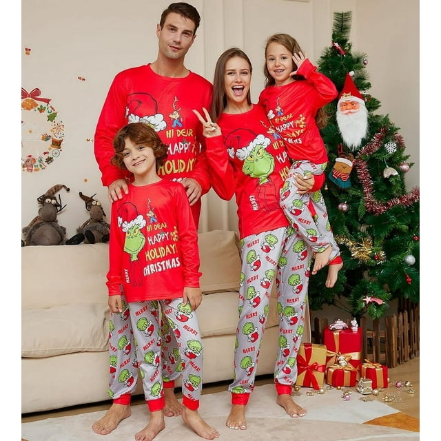 Pijamas familiares a juego de Navidad 2024, pijamas con estampado de dibujos animados GRC, conjunto de ropa para adultos y niños, mono de bebé + ropa para perros