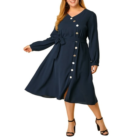 Women's Plus Size V Neck Long Sleeve Flare Midi Wrap Dresses Navy Blue ...