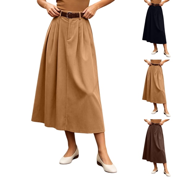 Women's Solid Corduroy Midi Skirt High Waist Flared A Line Long Skirt with Belt, Vintage Casual Swing Skirt for Autumn Winter Daily Commute & Weekend Outings Khaki