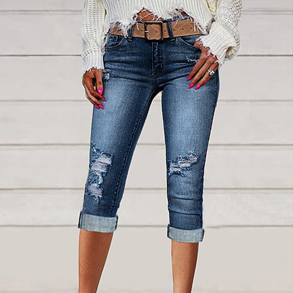 Huowey Women'S Jean Shorts Knee Length Denim Pants High Waist Slim Fit Vintage Distressed Ripped Trousers With Pockets Summer Casual Fashionable Bermuda Shorts Cropped Pants,Blue,L
