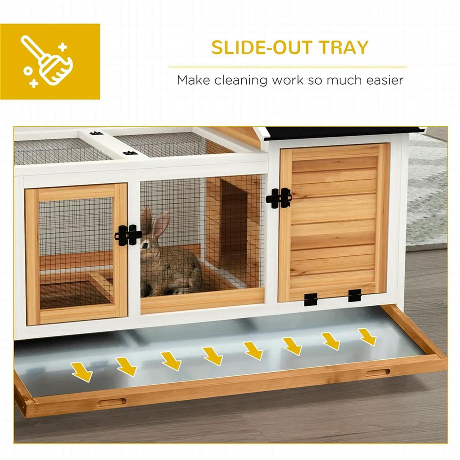 resenkos 42.5" Wooden Rabbit Hutch with Wheels and Slide-out Tray, Outdoor Small Animal Habitat Enclosure Bunny Cage for Bunnies, Guinea Pigs, Yellow