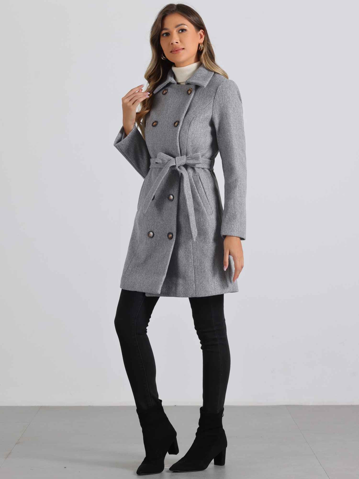 DARING DIVA Women's Double Breasted Slant Pocket Button Down Belted Coats Grey L