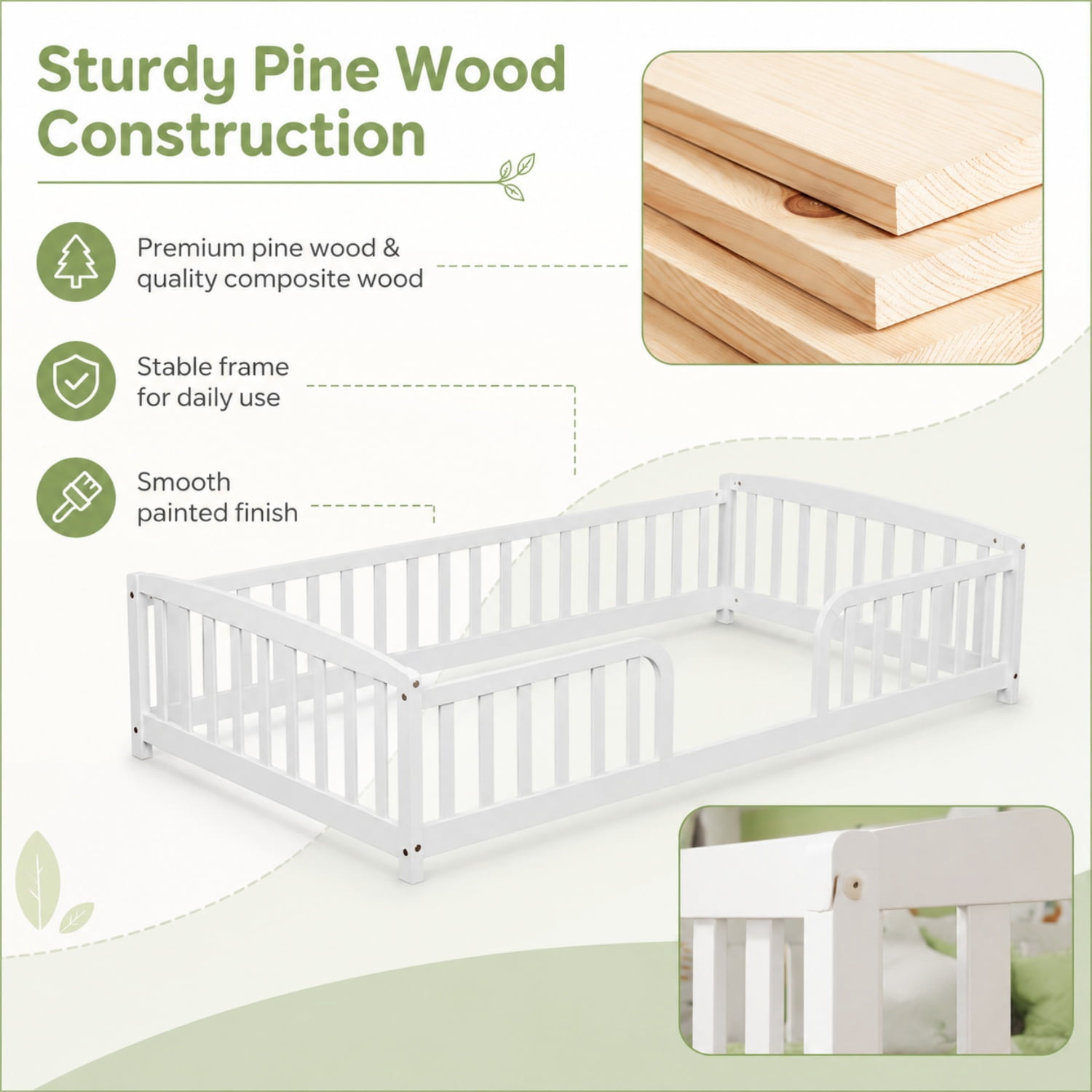 Miniyam Twin Kids Floor Bed with Guardrails, Pine Wood Montessori Bed Frame with Rounded Opening, White