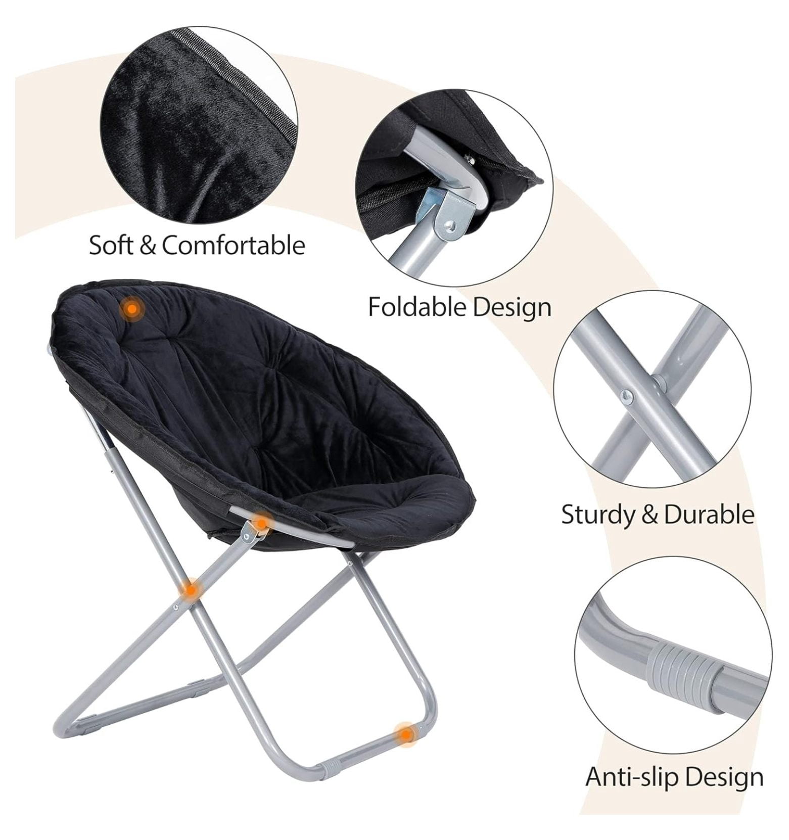 Faux Fur Moon Chair, Folding Saucer Chair for Adults, Portable Lounge Chair for Bedroom, Dorm, Patio - Black