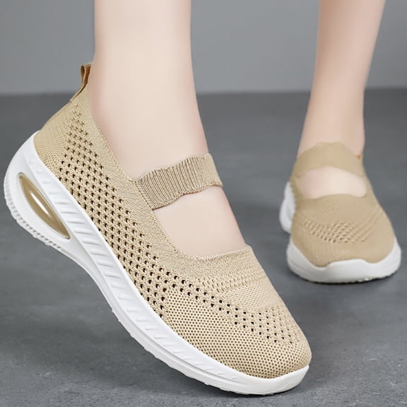Office Shoes, Womens Walking Shoes, Walking Shoes Women Slip On, Women's Woven Orthopedic Breathable Soft Shoes Arch Support, Diabetes Foam Shoes Walking Anti-Skid Sports Shoes, Beige 5.5
