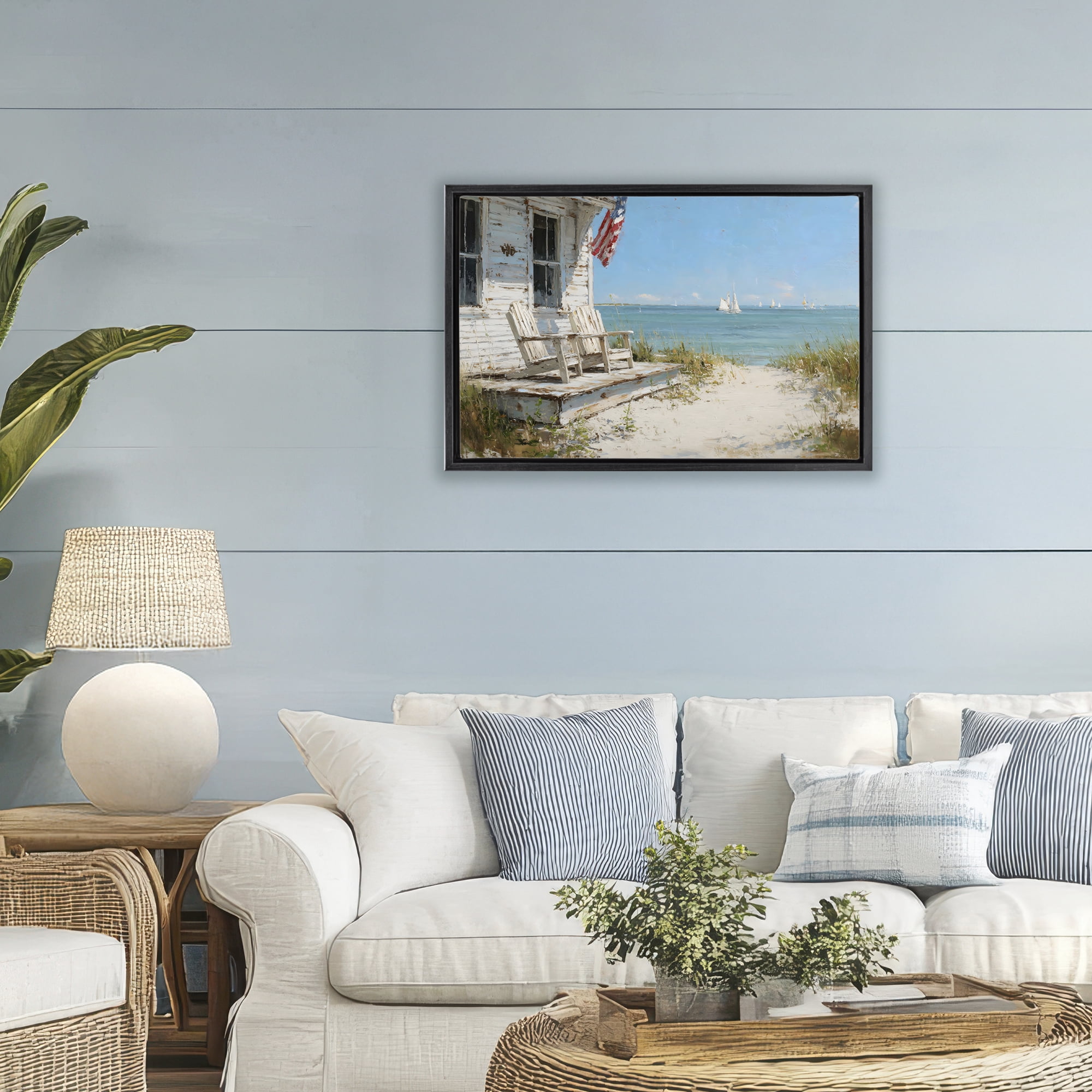 Stupell Industries By The Ocean Cottage Retreat Black Framed Floater Canvas Wall Art, design by Petal Prints Design