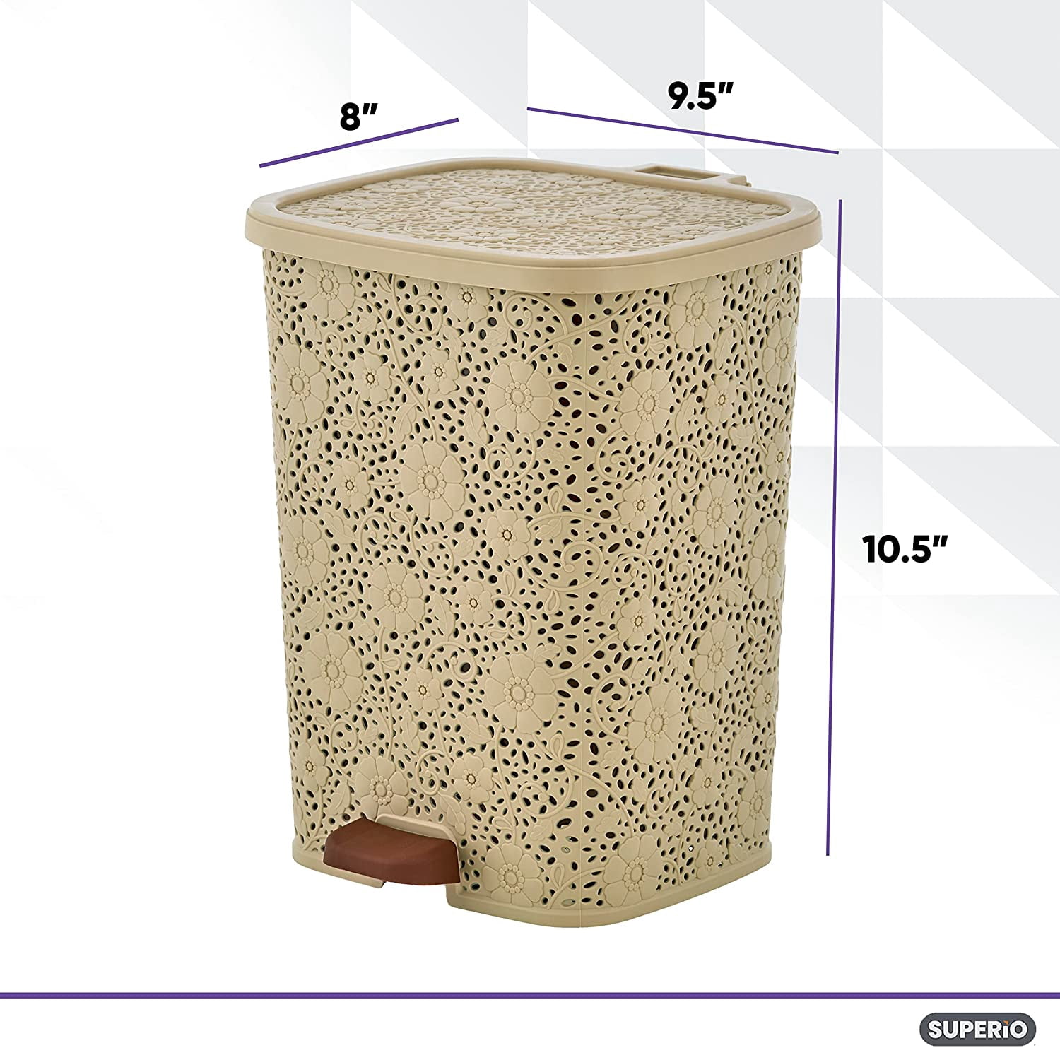 Compact Plastic Step-On Trash Can, 2 Pack Indoor and Outdoor Waste Bin with Foot Pedal, Beige Decorative Garbage Bin with Lace Design, 6 Qt Small Trash Can for Kitchen, Bathroom, Bedroom, Patio, Yard