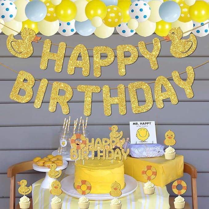 Duck Theme Birthday Party Decorations Duck Blue Yellow Balloons Arch Garland Kit Ducky Happpy Birthday Banner Cake Cupcake Toppers for Boys Girls 1st 2nd 3rd Birthday Party Decor Supplies
