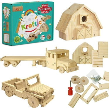 Kraftic Woodworking Building Kit for Kids and Adults, Set of 3 DIY Carpentry Construction Wood Model