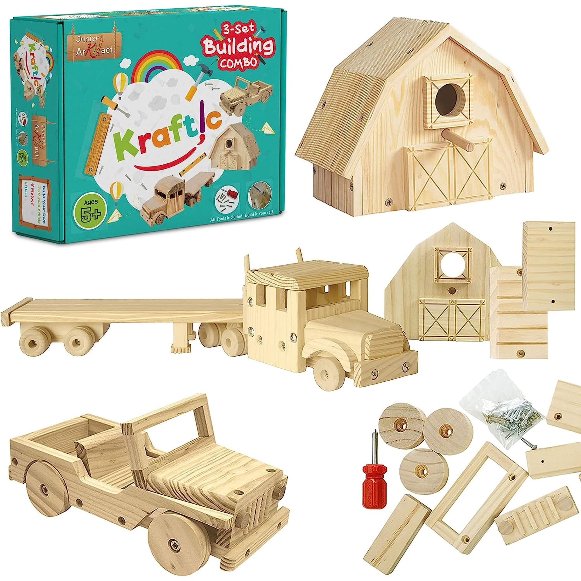 Kraftic Woodworking Building Kit for Kids and Adults, Set of 3 DIY Carpentry Construction Wood Model