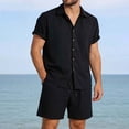 thumbnail image 2 of Hinvhai Men's 2 Piece Linen Outfit Short Sleeve Beach Button Down Shirt with Shorts Casual Matching Sets for Men Black XXL(XXL), 2 of 8