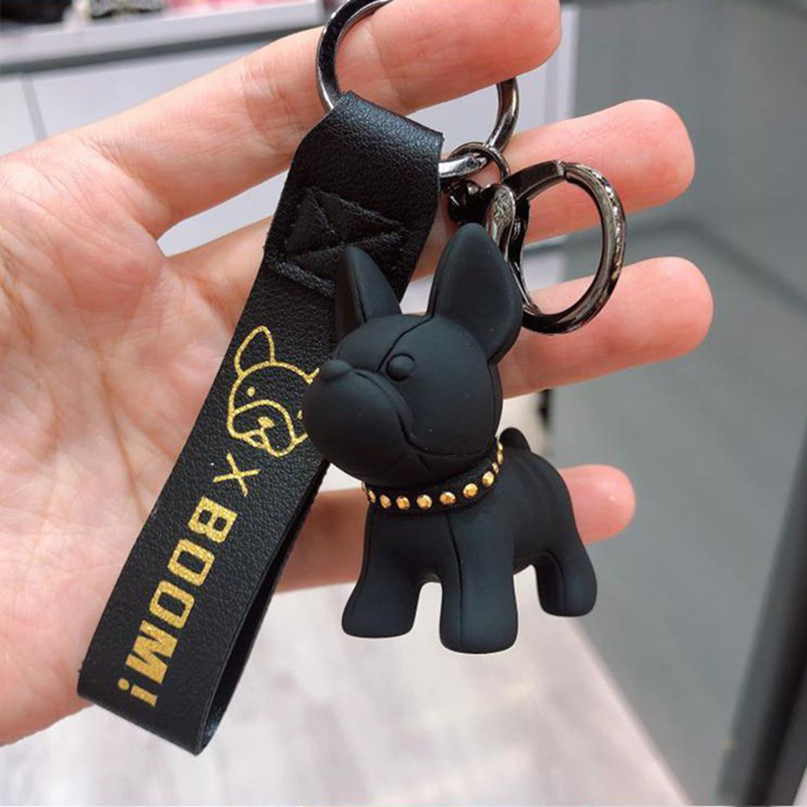 Fluffy Pompom Ball Bulldog Keychain PU Leather Dog Bag Charm Keys Holder Keyring 
