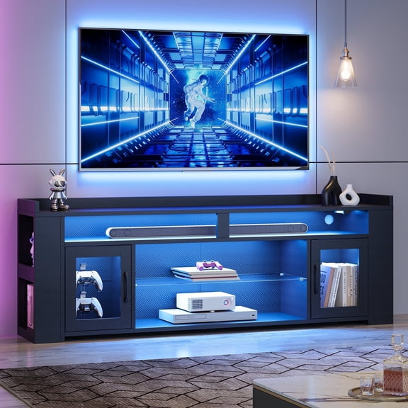 IRONCK LED TV Stand for 80 inch TV, Entertainment Center with Power Outlet and Storage Cabinet, TV Media Console for Living Room, Black