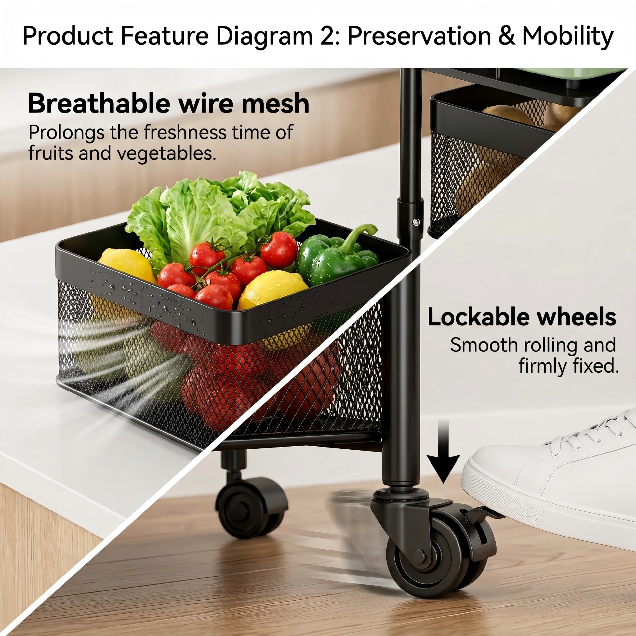 5-Tier Rotating Storage Cart, Square Metal Kitchen Utility Cart on Wheels, 360° Swinging Wire Basket Organizer Rack for Fruit, Vegetable, Pantry, Bathroom and Living Room, BLACK