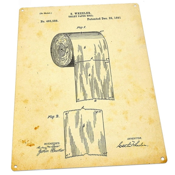 Toilet Paper Patent Drawing 9"x12" Metal Sign, Wall Decor for Home Theater or Family Room