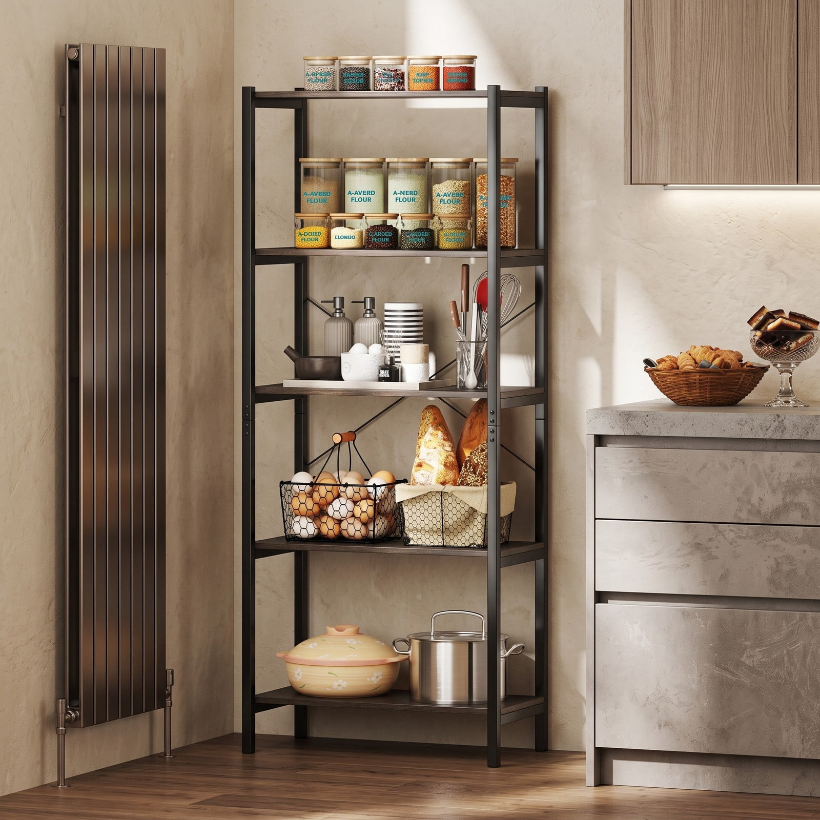 Furnibear 5-Tier Bookshelf Industrial Display Storage Rack Freestanding Open Bookcase with Sturdy Metal Frame for Home Office Living Room, Gray