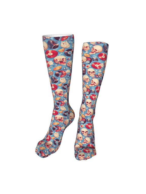 music Skull record Retro Print Calf Socks Seamless Toe, Knee High Long Socks, Sports Socks Trouser Socks for Women and Men-One Size