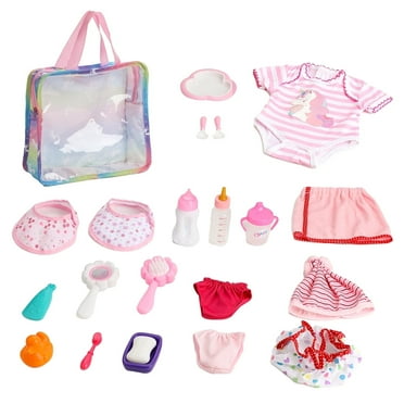 Petbank Girl's Baby Doll Accessories, 22Pcs Baby Doll Caring and Feeding Set, with Bottles, Pacifier, Bibs, Diaper Bag & Diapers, Dinner Plate and Comb