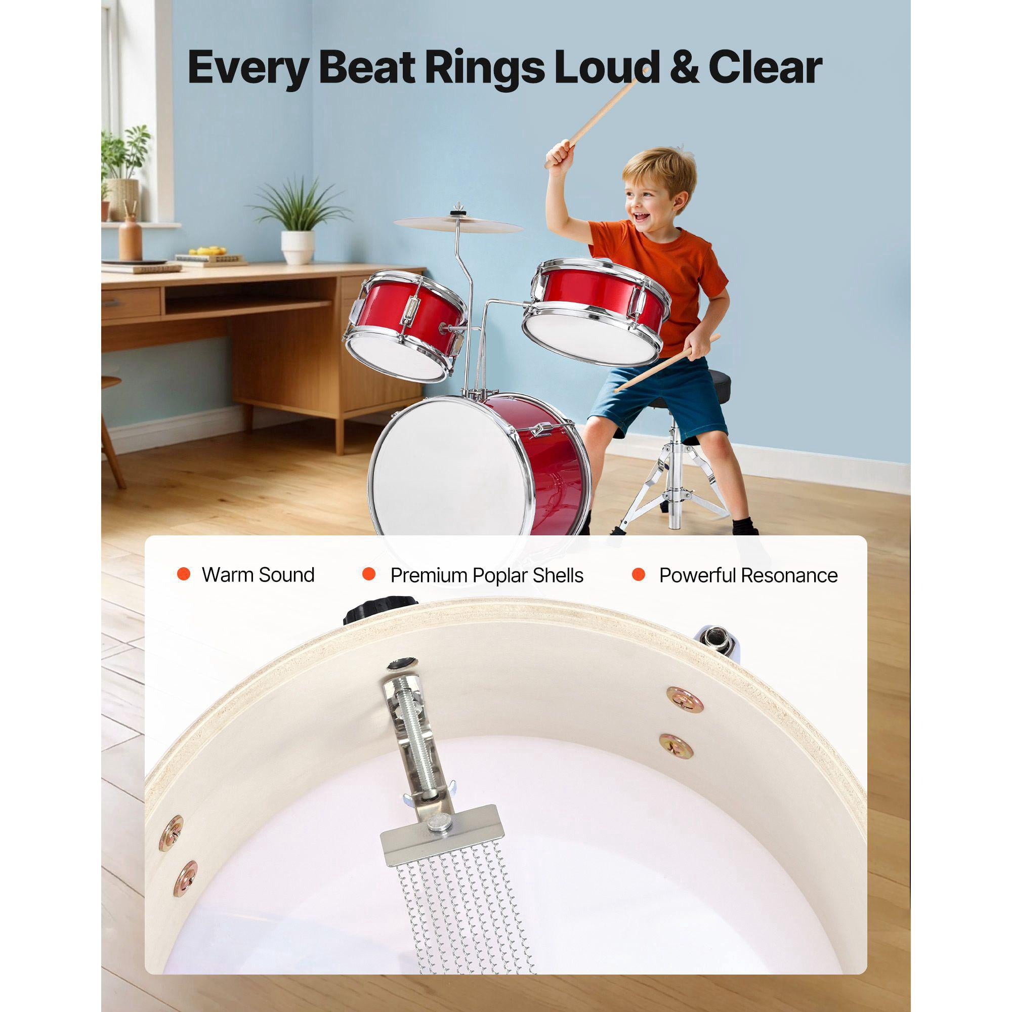 Junior Drum Set 3 Piece 14 Inch Kids Drum Kit with Adjustable Stool Cymbal and Drumsticks Musical Learning Instrument for Children Ages 6-13 Red