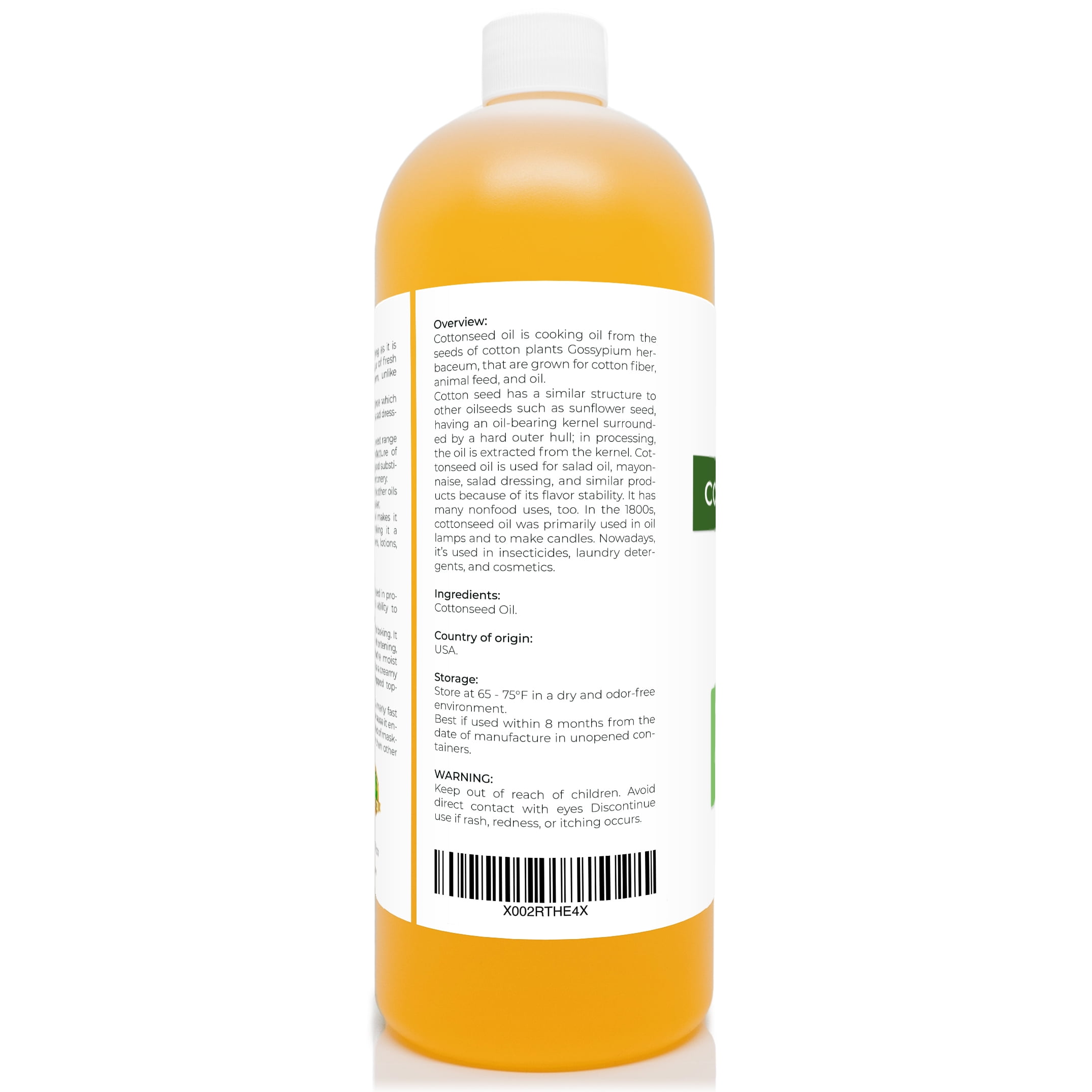 Cottonseed Oil by Velona - 32 oz | 100% Pure and Natural Carrier Oil | Refined, Cold pressed | Cooking, Skin, Face, Body, Hair Care | Use Today - Enjoy Results