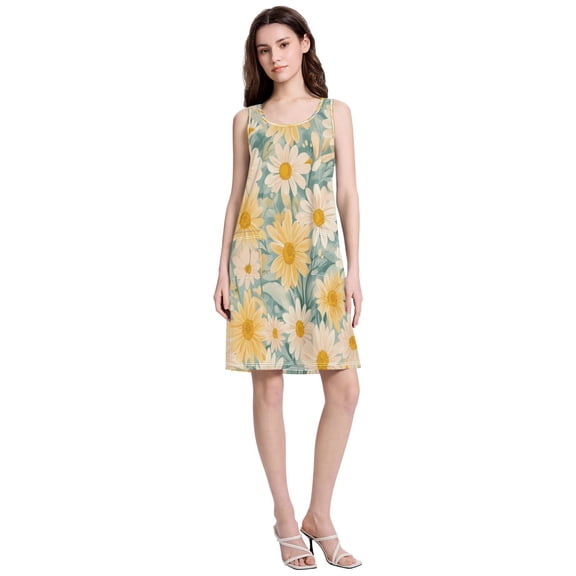 Women's Casual Sleeveless All Over Print Dress Loose A Line Flowy Dresses with Pockets Blooming Yellow Flower S