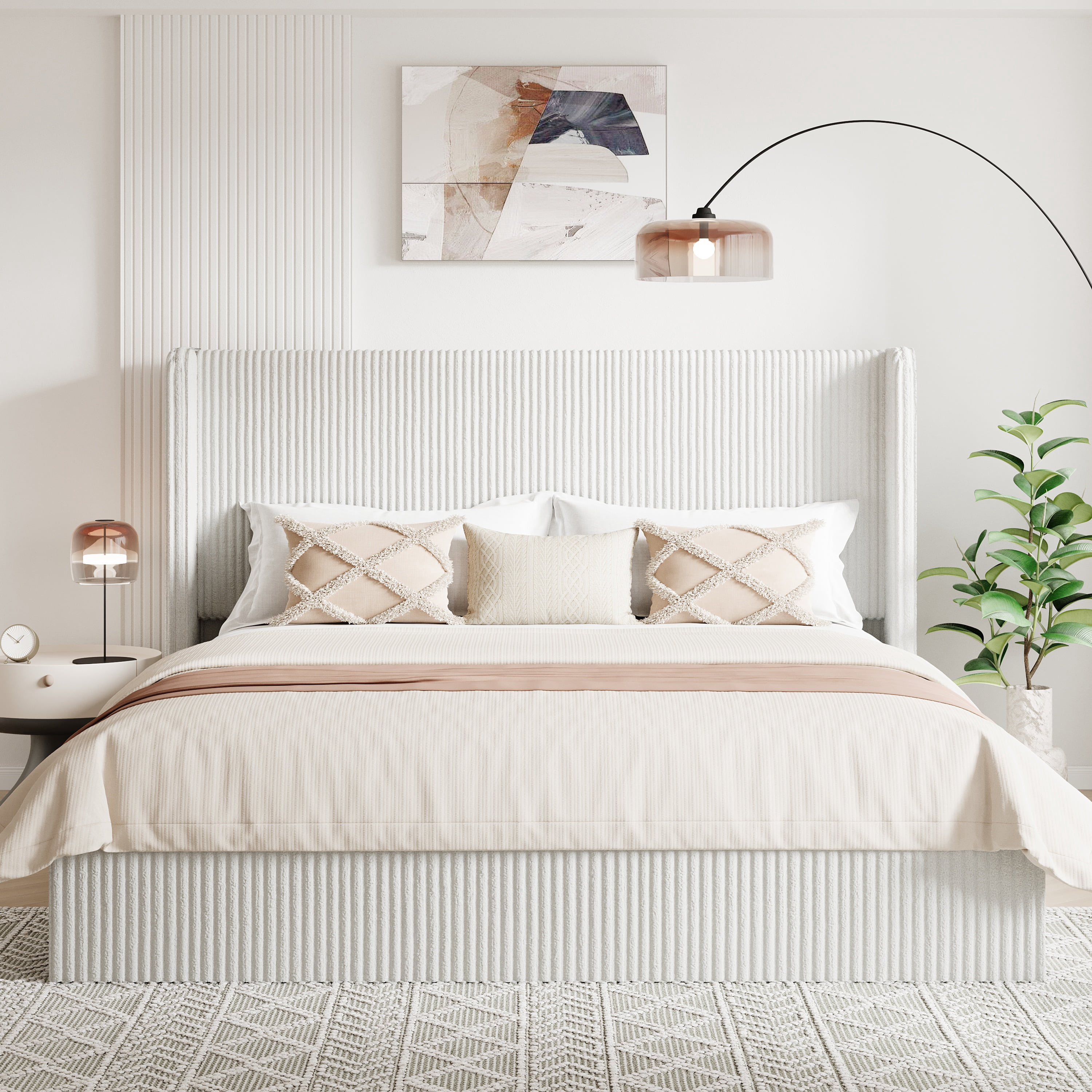 Allewie King Lift-Up Storage Bed Frame with Modern Wingback Headboard, Corduroy Upholstered Platform Bed, Hydraulic Gas Lift Support, Underbed Storage, Wooden Slats, No Box Spring Needed, White