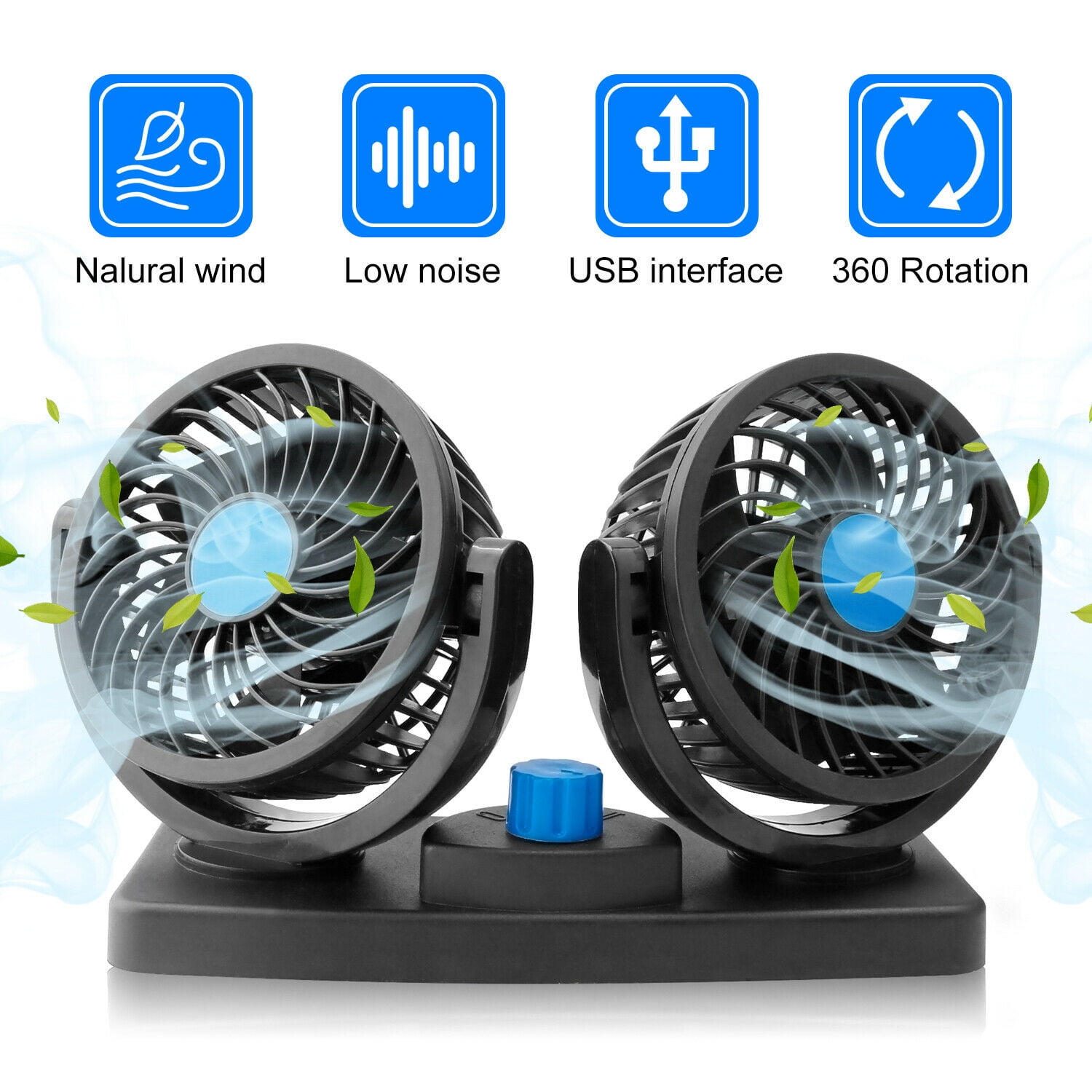Dual Head Car Fan Portable Vehicle Truck 360° Rotatable Auto Cooling Cooler 12V 