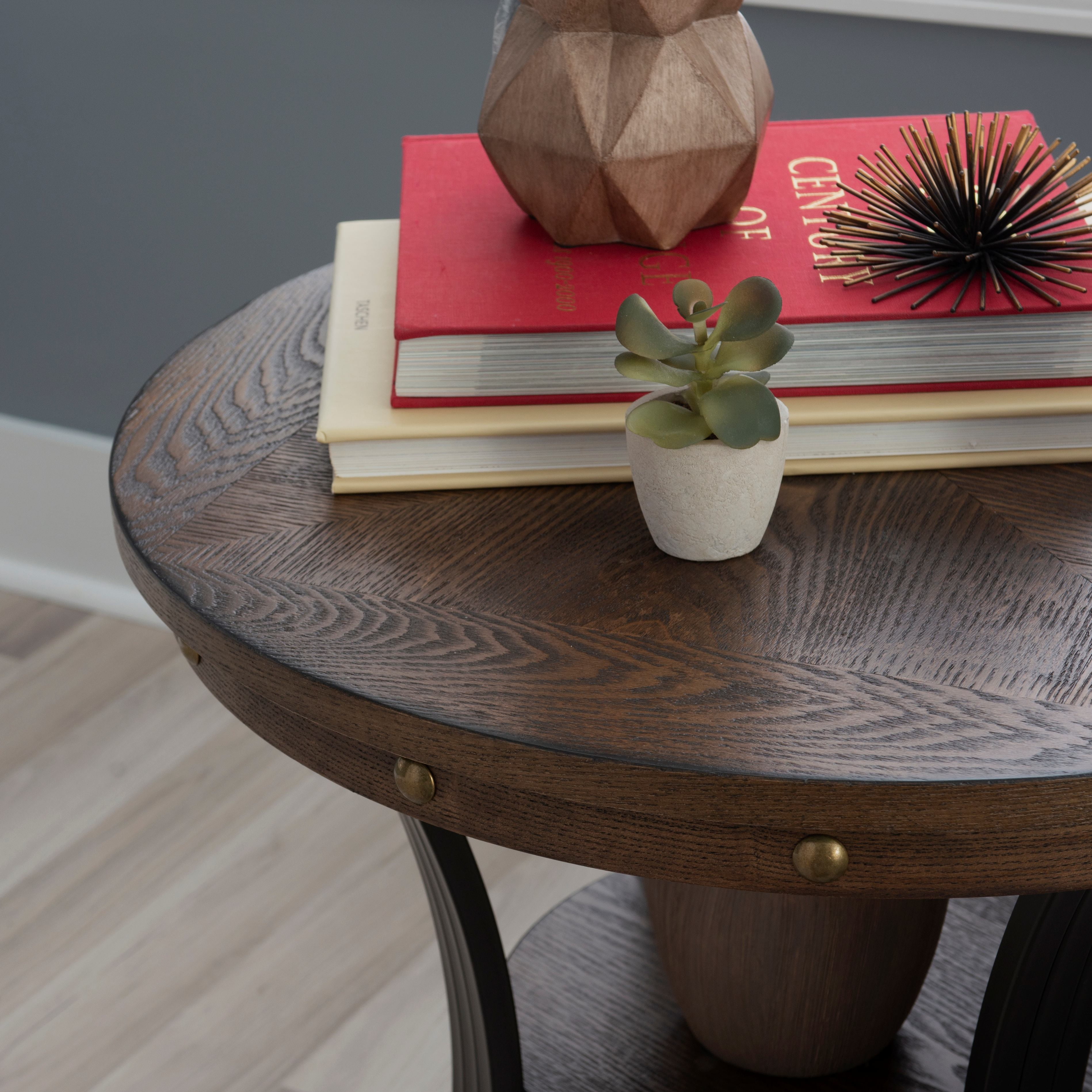 Powell Holloway Round Indoor End Table with Shelf, 23" Tall, Rustic Umber