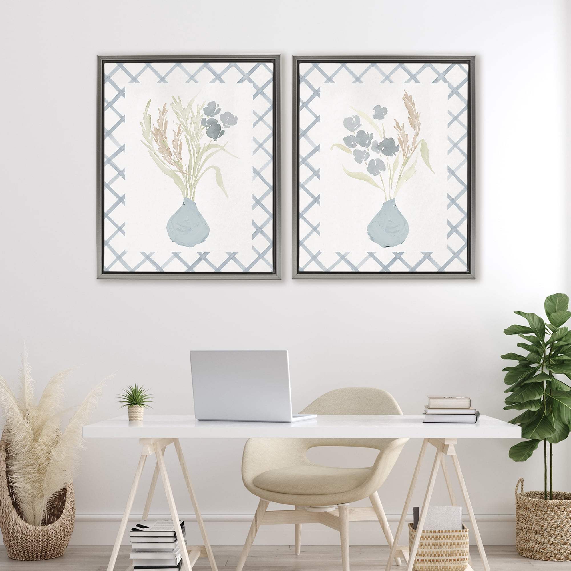 Stupell Industries Subtle Blue Anna Bouquets 2 Piece Gray Framed Floater Canvas Set, design by Lucille Price