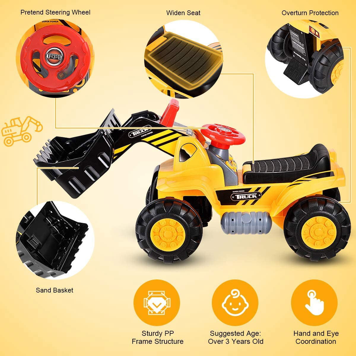CIPACHO Kids Ride On Bulldozer, Outdoor Digger Excavator Cart with Storage, Children Pretend Play Truck Toy
