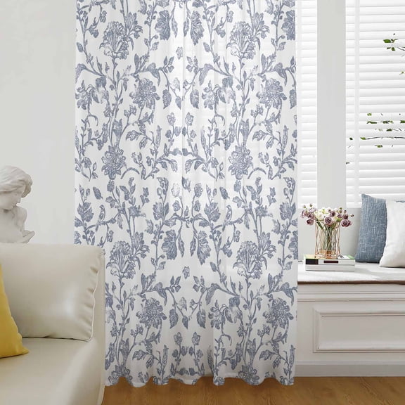 Blue Flower Semi Sheer Curtains Drapes for Living Room, Bedroom, French Doors Window 96 Inches Long, Vintage Farmhouse Boho Leaf Spring Summer Rod Pocket Chiffon Curtain Drapery Voile Drape Panel