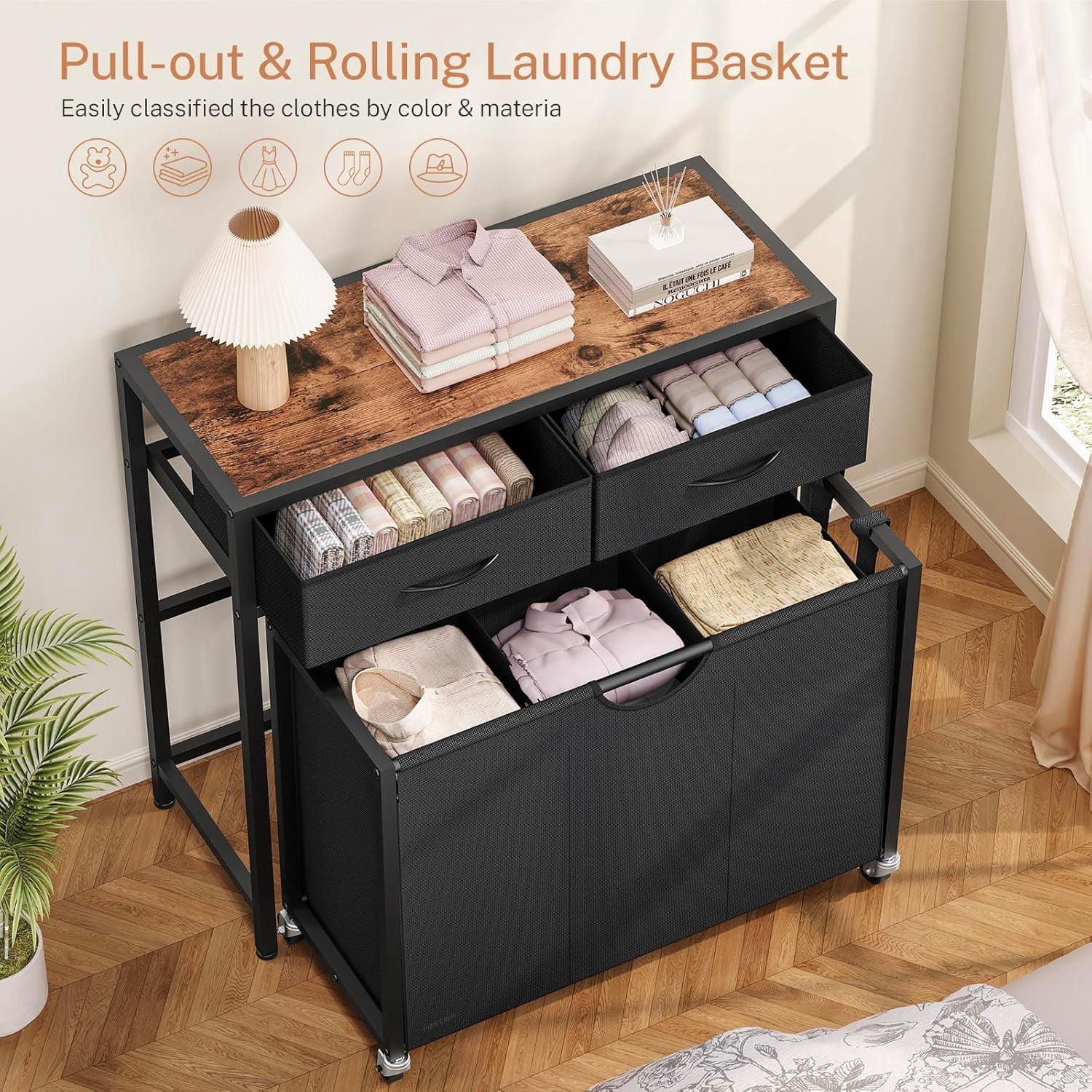 Laundry Sorter 3 Section with Tabletop & 2 Drawers, Rolling Laundry Hamper with Pull-Out and Removable Bags, Laundry Basket Organizer with Wheels and Shelf, Metal Frame Rustic Brown for Laundry Room