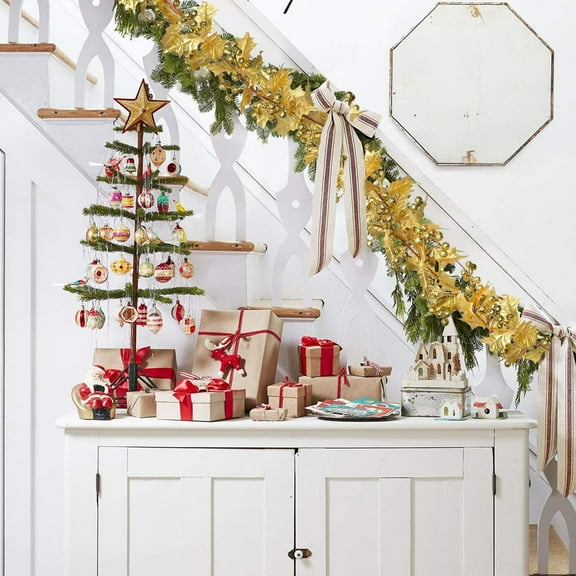 72 Inch Gold Christmas Rattan Garland with Berries | 6ft Artificial Leaf Vine Decor for Wall Hanging | Indoor Outdoor Home Decorations