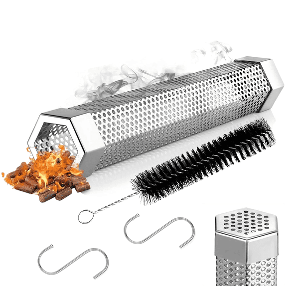 Premium Pellet Smoker Tube 12 inches, Smoke Tube for Pellet Smoker, 5 Hours of Billowing Smoke, Hot or Cold Smoking, Includes 2 S-Shaped Hooks,Brush, for Any Grill or Smoker, Smoker Accessories
