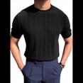 thumbnail image 3 of Camiseta Informal de Punto Acanalado de Corta con Cuello Redondo y Bajo Fino para Hombre, Color Liso Negro M, 3 of 9