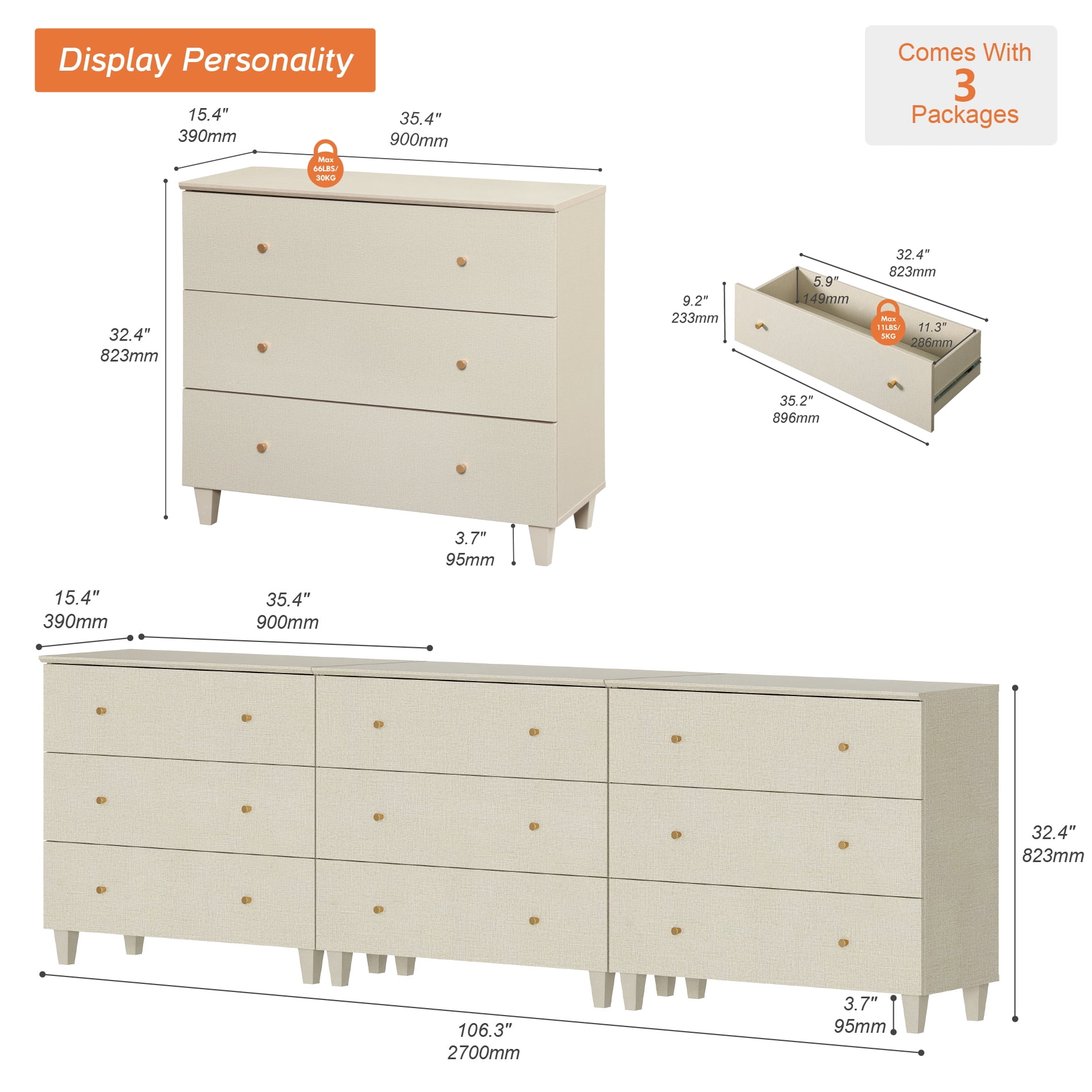 WAMPAT Dresser and Nightstands Set of 5, Wood Dressers with 9 Drawers, 2 Pieces Nightstands with Charging Stations for Living Room, Beige Linen Printed