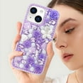 thumbnail image 3 of Funda brillante con correa para iPhone 14 Plus, de lujo, con purpurina, diamantes de imitación, cristales brillantes, rosas, flores, perlas, pulseras florales, funda protectora suave para mujeres y, 3 of 8