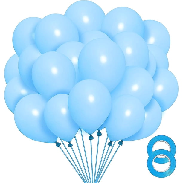 Globos azul claro de 12 pulgadas, paquete de 100 globos de látex azul bebé para baby shower, revelación de género, decoraciones de fiesta de cumpleaños (con cinta azul)