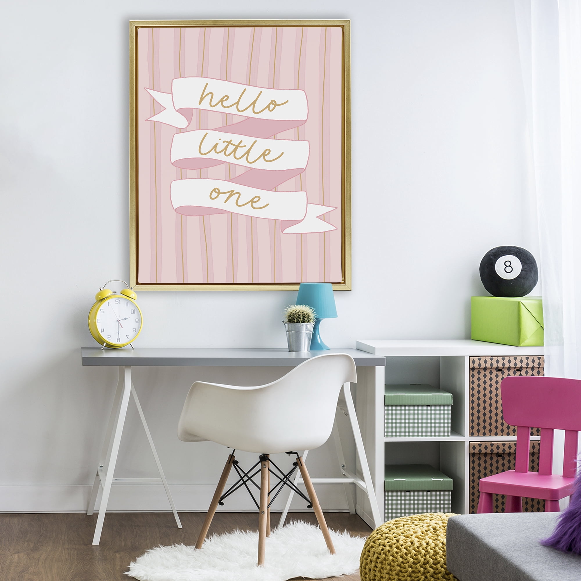 Stupell Industries Pink Hello Little One Gold Framed Floater Canvas Wall Art, design by Amanda Houston