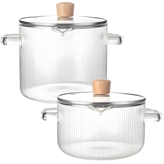 2 Pcs Clear Borosilicate Glass Saucepan Set, High-Temperature Resistant Cooking Pots, Stovetop, Microwave & Dishwasher Safe, Includes Wooden Lids, Clear Glass Design for Easy Viewing