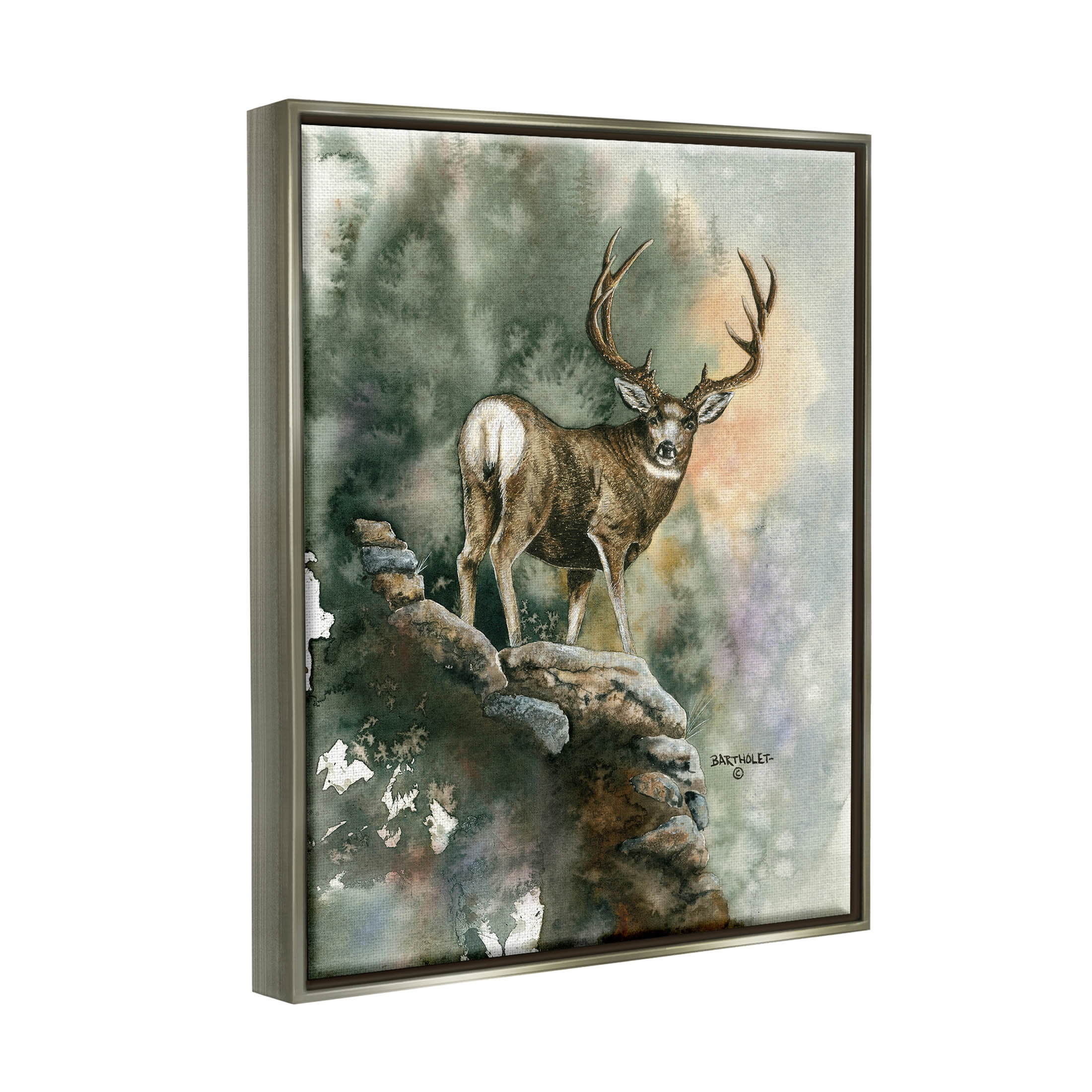 Deer Rocky Woodland Cliff Animals & Insects Graphic Art Luster Gray Framed Art Print Wall Art