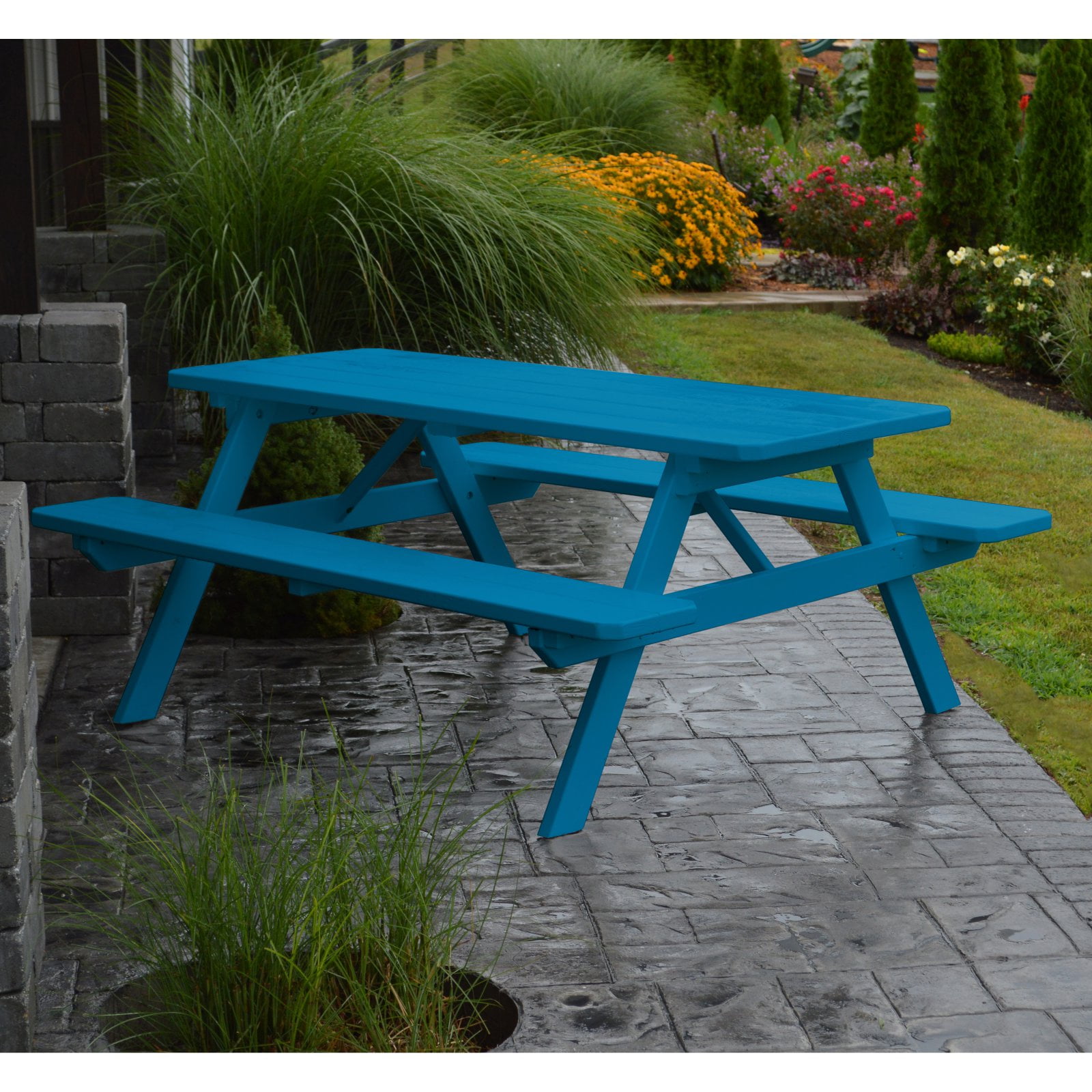 A & L Furniture Yellow Pine Picnic Table with Attached Benches