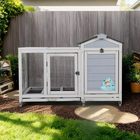 Pefilos 38.6" Outdoor Wooden Rabbit Hutch with Wheels, Guinea Pig Hutch with Run, Doors, Sunlight Roof, No Leaking Tray, Indoor Pet Cages for Small Animals, Gray