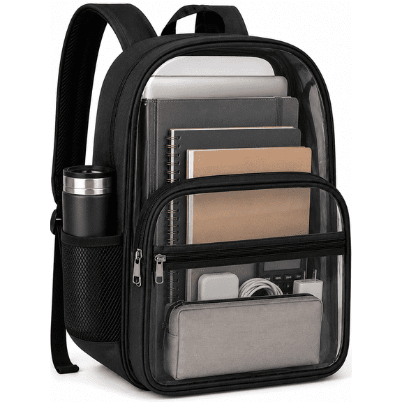 Lomyolo Clear Backpack for School, Transparent Bookbag with Reinforced Straps & 400D Oxford Fabric, Large Capacity Heavy Duty Clear Backpack for Travel, Security, Work, College, Men & Women- Black