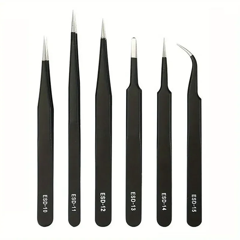 Precision ESD anti-static tweezers set -6-pc stainless steel tool for electronic repair and process modeling, bending 2025