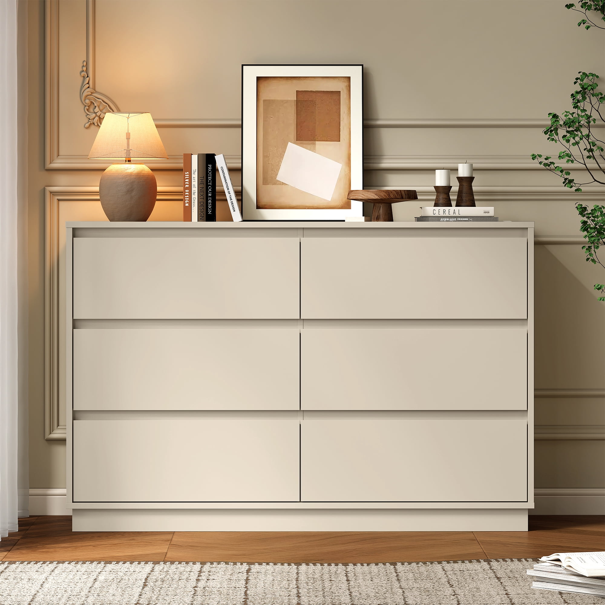 Heynemo Dresser with 6 Drawers for Bedroom, Chest of Drawer with Charging Station for Living Room, Beige