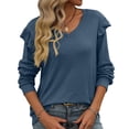 thumbnail image 2 of Lenpel Long Sleeve Shirts for Women Cotton Ruffle V Neck Solid Color Casual Tee Tops Loose Tunic Blouses, 2 of 3