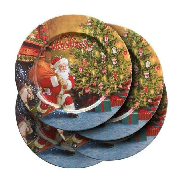 National Tree RAC-HJRS18117-1 Santa Delivering Gifts By Tree Metal Plates, Green - Set of 4