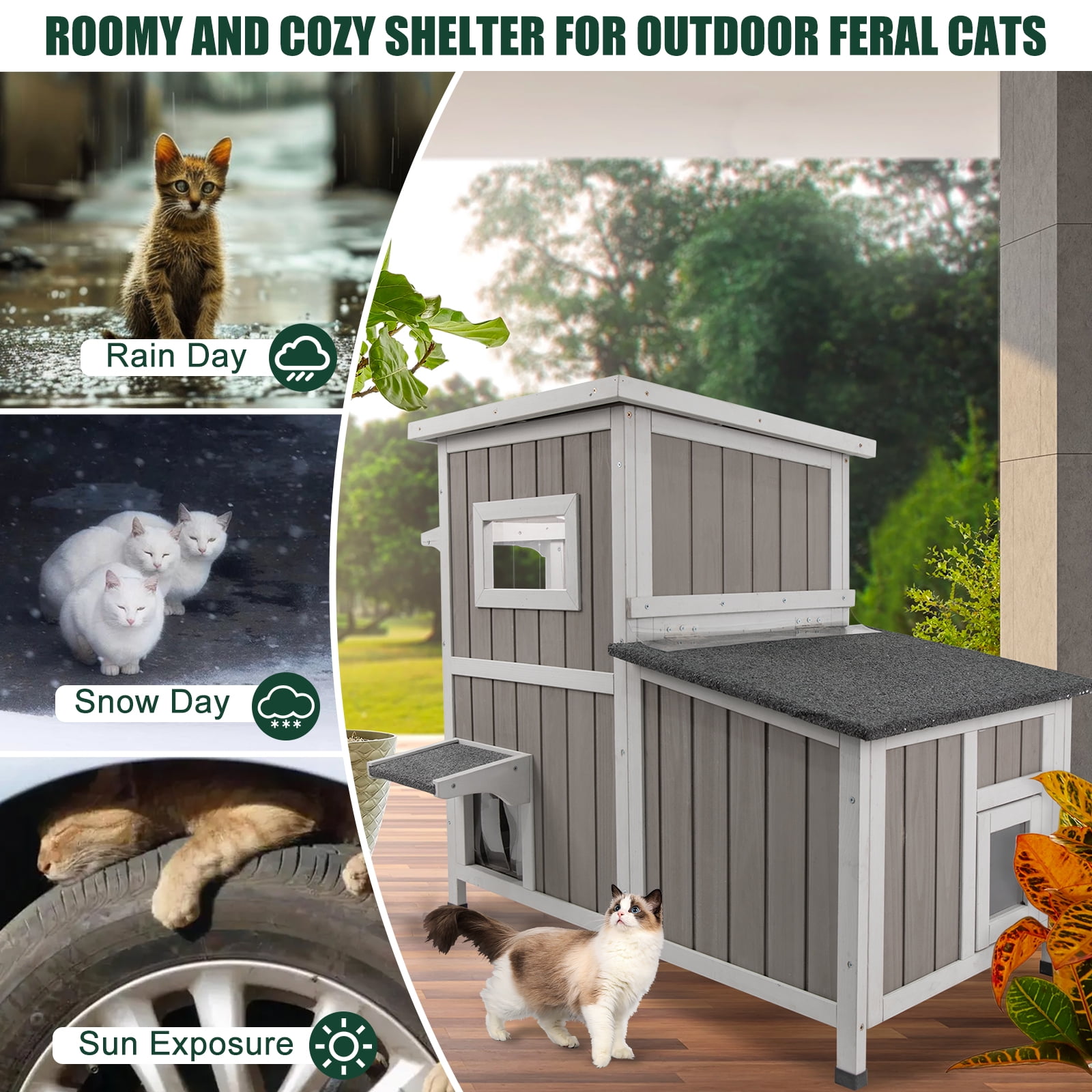 PETSCOSSET Outdoor Cat House  2-Story Wooden Condo - Weatherproof, Acrylic Window - Gray