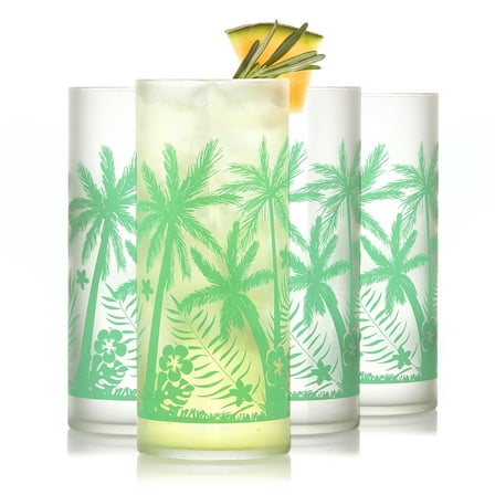 Libbey Vintage Palms Drinking Glasses Set of 4, Colorful, Retro Palm Tree Design Glass Cups Set, Dishwasher Safe Water Glasses Set for Cocktails